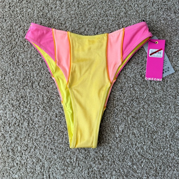 ONEONE Elodie Bikini Bottoms Pink Yellow Stripe NWT Size Small! - Picture 2 of 6